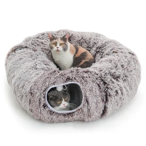 RYpetmia Plüsch-Katzentunnelbett für Indoor-Katzen mit weichem Kissen, Multi-Form-Spielhöhle mit hängenden Bällen, großer und Faltbarer Katzen-Donut-Tunnel für kleine und große Haustiere (Braun) von RYpetmia