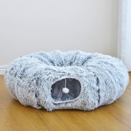 RYpetmia Plüsch-Katzentunnelbett für Indoor-Katzen mit weichem Kissen, Multi-Form-Spielhöhle mit hängenden Bällen, großer und Faltbarer Katzen-Donut-Tunnel für kleine und große Haustiere (Grau) von RYpetmia