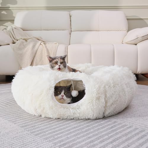 RYpetmia Plüsch-Katzentunnelbett für Indoor-Katzen mit weichem Kissen, Multi-Form-Spielhöhle mit hängenden Bällen, großer und faltbarer Katzen-Donut-Tunnel für kleine und große Haustiere (Weiß) von RYpetmia