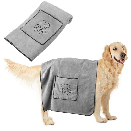 Radsocken Hundehandtücher, luxuriöse große Hunde-Badetücher, super saugfähiges Mikrofaser-Handtuch mit Eingrifftaschen, 100 x 50 cm, schnell trocknendes Badetuch für alle Rassen, Welpen, Kätzchen von Radsocken