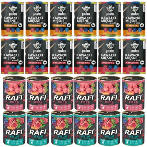 Dolina noteci Rafi & PAKO Nassfutter Set für Hunde | 24x400g | Rafi Junior Kalb & Lamm | Pako Huhn & Rind von Rafi