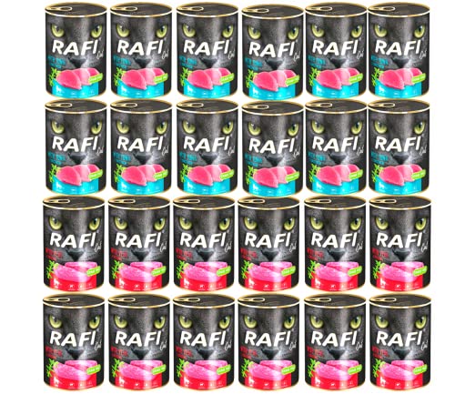 Rafi 24x400g Cat Dosen Mix 12x Kalbfleisch + 12x Thunfisch Nassfutter Katzenfutter | Nassfutter für Katzen | Katzenfutter für Feinschmecker von Rafi