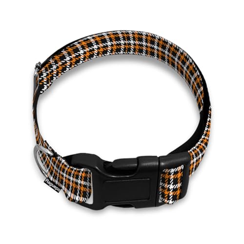 Hundehalsband, kariert, Gingham-Muster, für kleine, mittelgroße und große Hunde, weiche, verstellbare Schnalle, Schwarz / Orange / Weiß von Raguepo