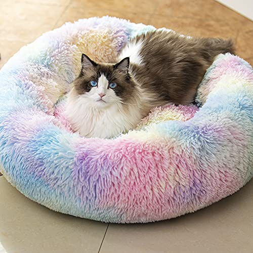 Raimaiso Hunde- und Katzenbett gegen Angst, rund, flauschiges Plüsch-Kunstfell, warm, waschbar, Originalbett für kleine, mittelgroße und große Haustiere, 50.8 cm, Regenbogen) von Raimaiso