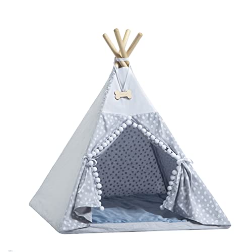 Tipi Zelt Hund - Hundezelt extra geräumig 95 cm Höhe - Katzenzelt Kratzfest - Ideale Haustierhöhle - Anti Geruch/Flecken Stoff Oeko-TEX 100 Zertifiziert (weißer Pompon) von Rainbow Kids