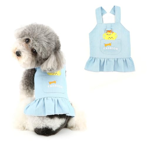 Ranphy Denim-Hundekleid für kleine Hunde, Welpen, Mädchen, Kleidung mit Leinen-Ring und niedlicher Tasche, Frühling, Sommer, Haustier-Prinzessin, Rüschenrock, Yorkie, Chihuahua, Katzen, Hellblau, von Ranphy