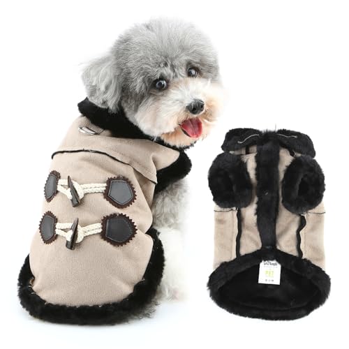 Ranphy Dufflecoat aus Wildlederimitat für kleine Hunde, mit Kunstfell gefüttert, Welpen-Winterjacke mit flauschigem Kragen, winddicht, Yorkie, Chihuahua, kaltes Wetter, Kleidung mit Leine, Ring, von Ranphy