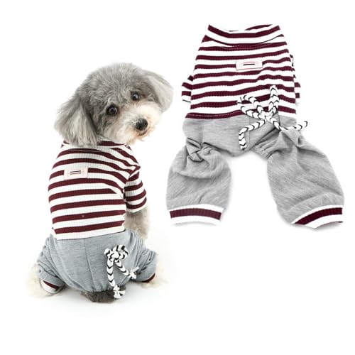 Ranphy Gestreifter Jumpsuit für kleine Hunde mit Hose, Bequeme Baumwolle Haustierkleidung Katzen Bekleidung Schlafanzug PJS Shirt Jungen Jammies Hündchen Pullover Braun M von Ranphy