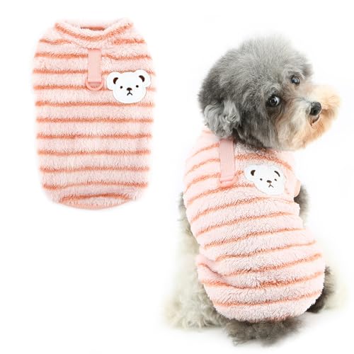 Ranphy Gestreifter flauschiger Sherpa-Fleecepullover für kleine Hunde, Welpen, Thermopullover, ärmellose Weste mit D-Ring, Yorkie, Chihuahua, Herbst und Winter, Katzenkleidung, Rosa, Größe XL von Ranphy