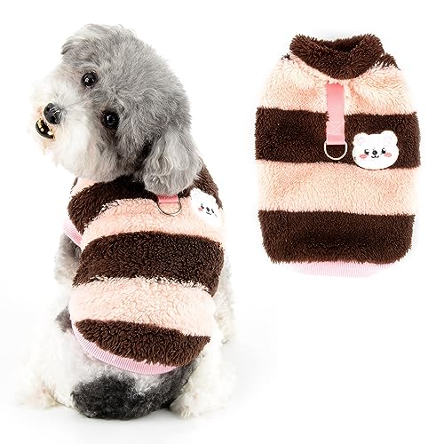 Ranphy Gestreifter kleiner Hundepullover, Haustier-Fleece-Sweatshirt mit Bärenmuster, weicher, warmer Welpenpullover mit D-Ring, Herbst-/Winterkleidung, Yorkie, Chihuahua, Katzen, Wein, S von Ranphy