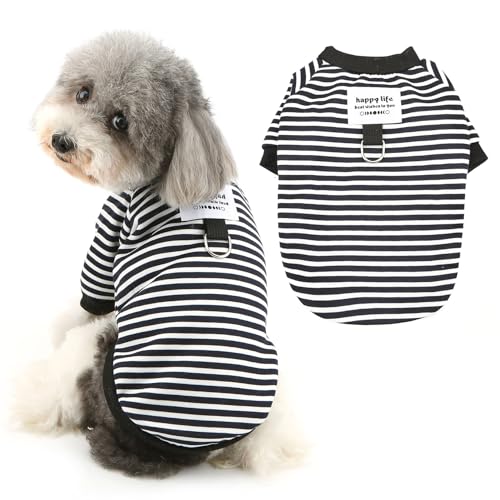 Ranphy Gestreiftes Haustier-Fleece-Sweatshirt für kleine Hunde, Welpen, Yorkie, Chihuahua, Herbst und Winter, Kleidung mit Leine, Ring, Katzenkleidung, Schwarz, Größe L von Ranphy