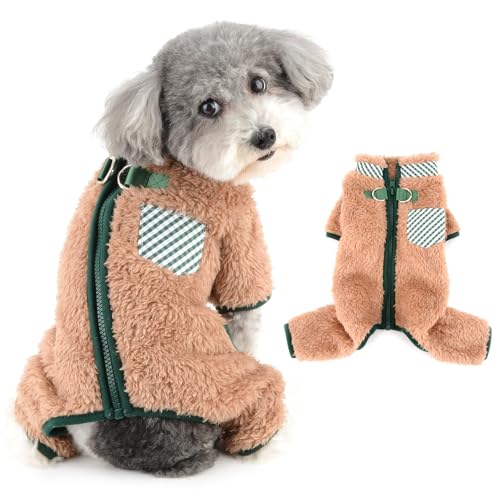 Ranphy Haustier-Pyjama aus Sherpa-Fleece mit Reißverschluss für kleine Hunde und Welpen, Thermo-Overall mit doppelten D-Ringen, karierte Tasche, Yorkie, Chihuahua, Herbst-Winter, Katzenkleidung, von Ranphy