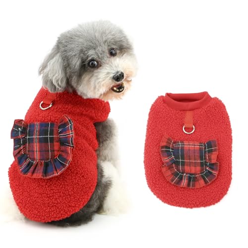 Ranphy Haustier-Sweatshirt aus Sherpa-Fleece für kleine Hunde mit karierter Tasche, ärmellose Weste, Pullover, Yorkie, Chihuahua, Herbst-Winter, Kleidung mit Leine, Ring, Katzenkleidung, Rot, Größe XS von Ranphy