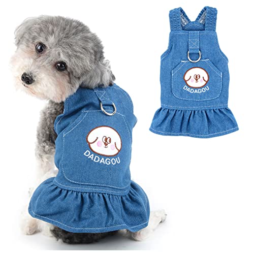 Ranphy Hund Denim Geschirr Kleid für kleine Hunde Mädchen Niedliche Haustierkleidung mit Taschen Cartoon Druck Welpe Frühling Sommer Katzen Rock mit D-Ring, Dunkelblau, L von Ranphy