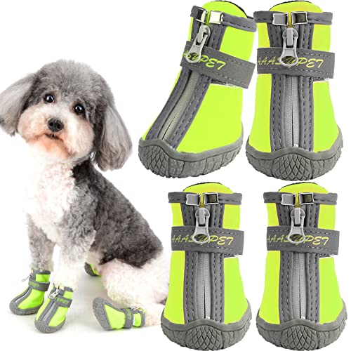 Ranphy Hund Schuhe Wasserdicht Booties für Kleine Mittelgroße Hunde Wanderschuhe Anti-Slip Sohle mit Reflektierende Träger für Heißer Pflaster Winter Schnee Outdoor Grün 4 Stück von Ranphy