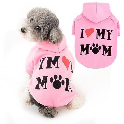 Ranphy Hunde-Kapuzenpullover für kleine Hunde, Mädchen, Jungen, Haustierpullover mit Buchstabe I Love My Mom Welpen-Sweatshirt mit Kapuze mit Loch für die Leine, Herbst, Frühling, Pullover, Muttertag, von Ranphy