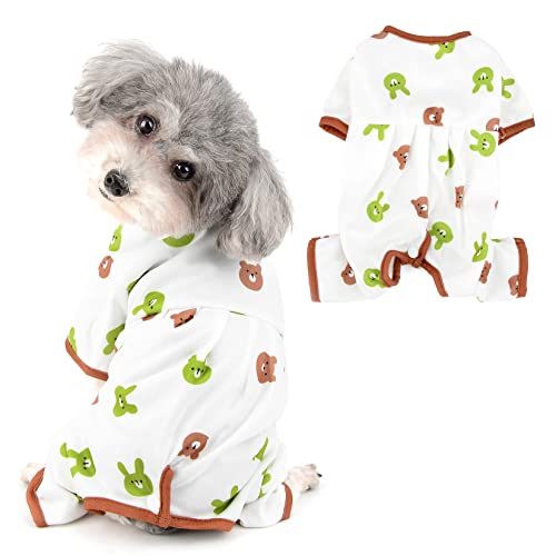 Ranphy Hunde-Schlafanzug für kleine Hunde Haustier Schlafanzug mit Bär Bedruckt Welpen Sonnenschutz Vierbeiniger Overall Pyjama Anti-Haar Katzenbekleidung, Weiß, S von Ranphy