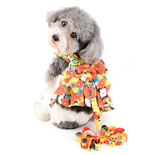 Ranphy Hundegeschirr Kleid mit Leine Set Blumen Haustier Welpen Kleider Welpen Katze Prinzessin Weste mit D-Ring Sommerrock Hundeoutfit Spaziergang Outdoor Bekleidung, Haustier Kleidung von Ranphy