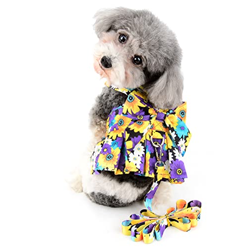 Ranphy Hundegeschirr Kleid mit Leine Set Blumen Haustier Welpen Kleider Welpen Katze Prinzessin Weste mit D-Ring Sommerrock Hundeoutfit Spaziergang Outdoor Bekleidung, Haustier Kleidung von Ranphy