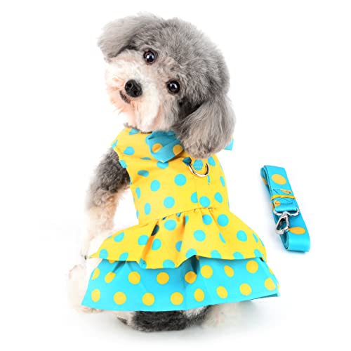 Ranphy Kleid für kleine Hunde mit Leine Ring Mädchen Haustier Kleidung Welpe Geschirr Kleider Doggie Prinzessin Shirt Weich Polka Dot Weste Tutu Faltenrock Sommer Outfit mit Schleife von Ranphy