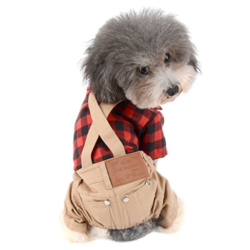 Ranphy Kleine Hunde Sweatshirt Plaid Shirts mit Khaki Hosen Jumpsuit Welpen Overall Chihuahua Outfits Haustier Kleidung für Hunde Katzen Rot XS von Ranphy