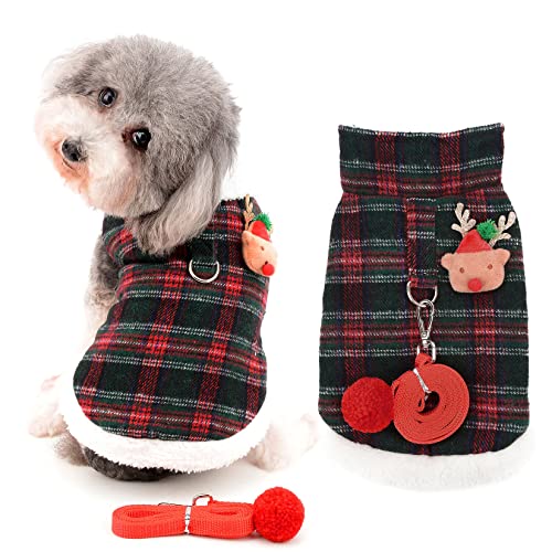 Ranphy Kleine Hunde Weihnachten Plaid Mantel für Jungen Mädchen Fleece gefüttert Rentier Haustier Katze Winter Warm Kleidung mit Leine und D-Ring S von Ranphy