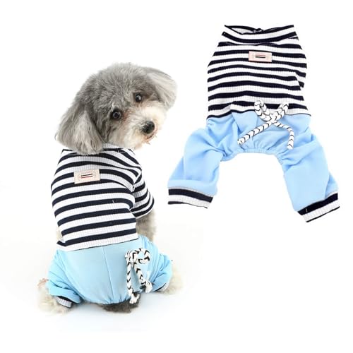 Ranphy Gestreifter Jumpsuit für kleine Hunde mit Hose, Bequeme Baumwolle Haustierkleidung Katzen Bekleidung Schlafanzug PJS Shirt Jungen Jammies Hündchen Pullover Blau XL von Ranphy