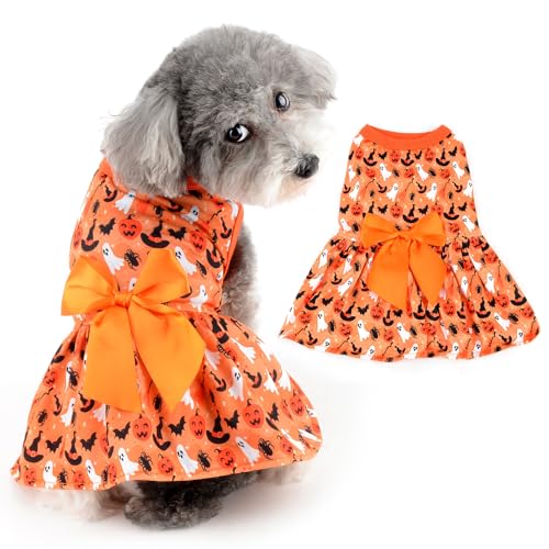 Ranphy Lustiges Halloween Hundekostüm Welpenkleid Hundekleidung für kleine Hunde Mädchen Hundekleidung mit Bowknot Kürbis Fledermaus Geist Spinnennetz Haustier Weste Rock Urlaub Katze Outfits von Ranphy