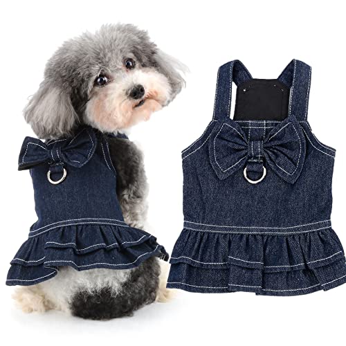 Ranphy Mädchen Hund Kleidung für kleine Hunde, Denim-Kleid mit Leine, Ring, Welpen, Katze, Prinzessinnenkleider, Sommer, Schleife, Hundeweste, Röcke, Haustier-Spaziergeschirr, Outfits von Ranphy