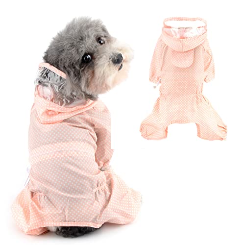 Ranphy Niedlich Welpe Hund Regenmantel Vierbeinig Wasserdicht All-Inclusive mit Haube wasserdichte Regenjacke mit Polka Punkt und Leinenloch Kleine und mittlere Hunde Pet Poncho Kleidung, Rosa, S von Ranphy