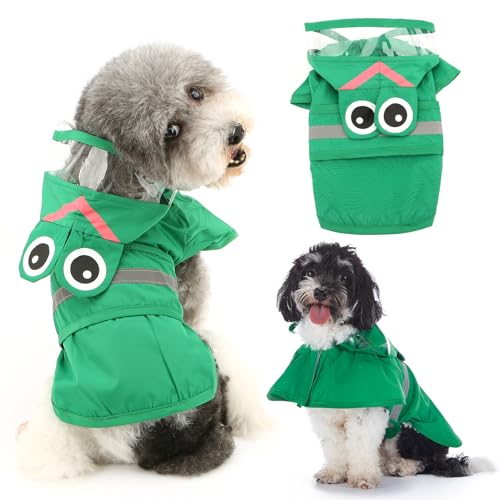 Ranphy Niedliche Hunde-Regenjacke, Zupfponcho, Haustier-Regenmantel mit transparenter Kapuze für kleine, mittelgroße Hunde, reflektierend, wasserdicht, leicht, mit Loch für die Leine, grüner Frosch, von Ranphy