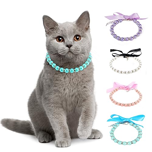 Ranphy Pet Pearl Necklace for Small Dogs and Cats Adjustable Pet Fancy Pearls Jewelry Bling Rhinestones Collar with Bowtie Chihuahua York Girl Clothing Wedding Dress Accessories, Blue, M von Ranphy