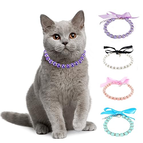 Ranphy Pet Pearl Necklace for Small Dogs and Cats Adjustable Pet Fancy Pearls Jewelry Bling Rhinestones Collar with Bowtie Chihuahua York Girl Clothing Wedding Dress Accessories, Purple, L von Ranphy