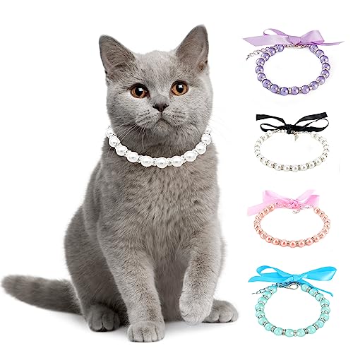 Ranphy Pet Pearl Necklace for Small Dogs and Cats Adjustable Pet Fancy Pearls Jewelry Bling Rhinestones Collar with Bowtie Chihuahua York Girl Clothing Wedding Dress Accessories, White, L von Ranphy