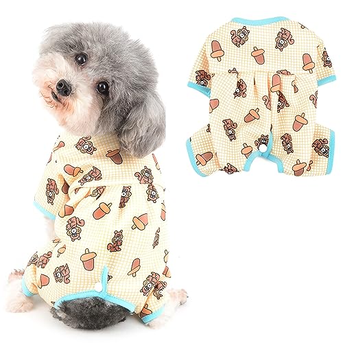 Ranphy Plaid Fleece Hundepullover mit Tierdruck für kleine Hunde Katzen Anti Lecken Hund Jumpsuit 4 Beine Pjs Warm Haustier Welpen Katze Kleidung Chihuahua Yorkie Schlafanzug Gelb XXL von Ranphy