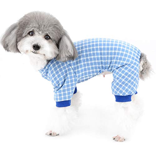 Ranphy Plaid Haustier Kleidung Kleiner Hundeoverall Hündchen Katze Pyjama Strickpullover für Hunde Hundepyjama Schlafanzug weiche Hundemantel Baumwolle Welpen Katzen Blau M von Ranphy