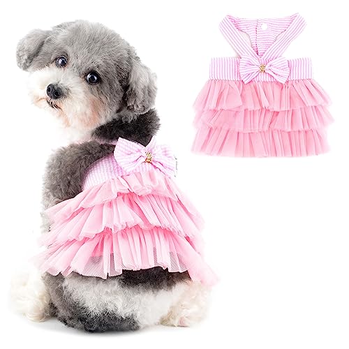 Ranphy Prinzessin Hundekleid für kleine Hunde Mädchen gestreift Welpenkleidung Outfit für Damen mit Fliege niedliches Frühlings-Sommer Katzen Tutu Rock Yorkie Chihuahua Kleidung, Rosa, L von Ranphy