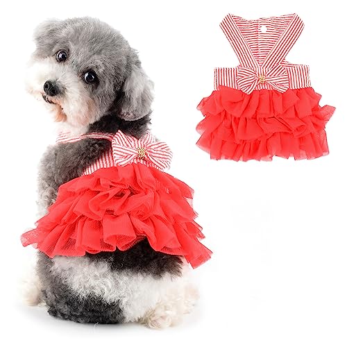 Ranphy Prinzessin Hundekleid für kleine Hunde Mädchen gestreift Welpenkleidung Outfit für Damen mit Fliege niedliches Frühlings-Sommer Katzen Tutu Rock Yorkie Chihuahua Kleidung, Rot, L von Ranphy