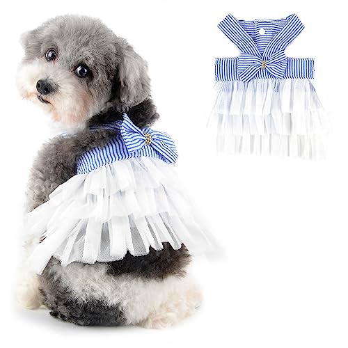 Ranphy Prinzessin Hundekleid für kleine Hunde Mädchen gestreift Welpenkleidung Outfit für Damen mit Fliege niedliches Frühlings-Sommer Katzen Tutu Rock Yorkie Chihuahua Kleidung, Weiß, L von Ranphy