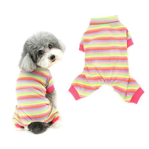 Ranphy Regenbogen-gestreifter Rollkragen-Hunde-Pyjama für kleine Hunde, gerippter Strickpullover, Jumpsuit, Welpen-Einteiler, Bodysuit, Chihuahua, Yorkie, Katzenkleidung, Rosa, Größe XL von Ranphy