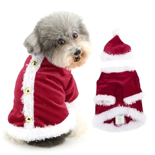 Ranphy Samt-Weihnachtsmann-Kostüm für kleine Hunde mit Hut, flauschiger Bart, Welpen, Yorkie, Chihuahua, Weihnachtskleidung, Katzenkleidung, Rot, Größe XL von Ranphy