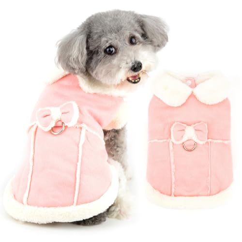 Ranphy Sherpa-Fleecemantel für kleine Hunde, kaltes Wetter, warme Welpenjacke mit Schleife und D-Ring, flauschiger Kragen, Mädchen, Winterkleidung, Haustierweste für Chihuahua, Yorkie, Katze, Rosa, von Ranphy