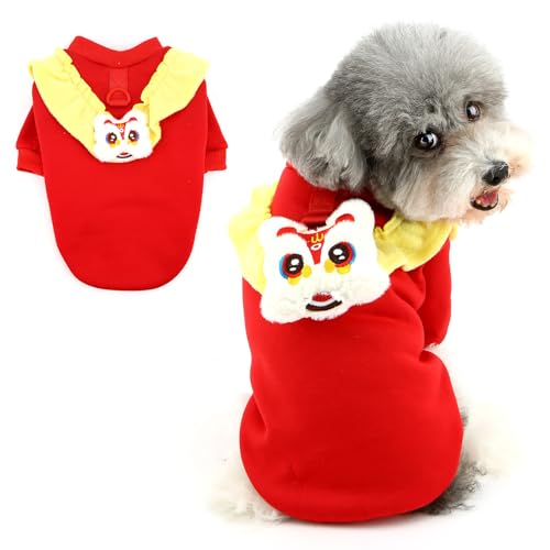 Ranphy Süßes Haustierkostüm für chinesisches Neujahr, Fleece, Sweatshirt für kleine Hunde, traditionelles Löwenmuster, Welpen, Thermopullover mit D-Ring, Yorkie, Chihuahua, Katzenkleidung, Rot, Größe von Ranphy