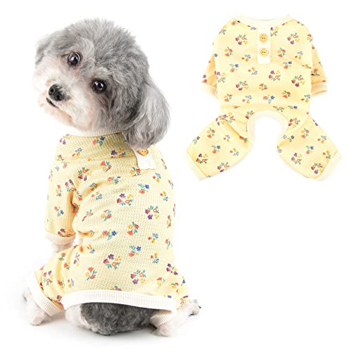 Ranphy Waffel Hund Pyjama für kleine Hunde Haustier Schlafanzug Blumendruck Welpe Atmungsaktiv Vierbeiniger Jumpsuit Pjs Anti-Haar Bekleidung für Katzen, Gelb, S von Ranphy