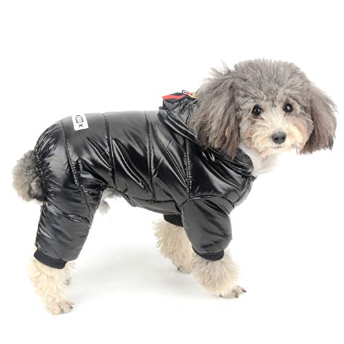 Ranphy Wasserdichter Hunde-Schneeanzug Jumpsuit Fleece Gefüttert Wintermantel mit Kapuze Welpenkleidung Outfit Gepolsterte Hoodie Jacke Junge Mädchen Parka für kleine Hunde Katze Schwarz S von Ranphy