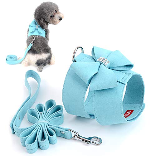 Ranphy Wildleder Hundegeschirr mit Bling Strass No Pull Geschirr mit Bowknot Weiche Haustier Weste mit Leine Set Verstellbar für Kleine Hunde für Spazierengehen Training Wandern Blau Größe S von Ranphy