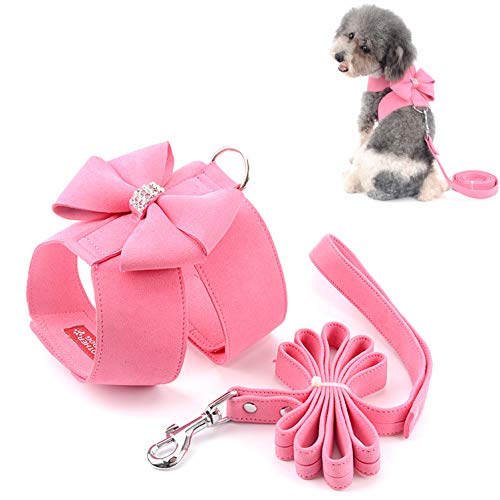 Ranphy Wildleder Hundegeschirr mit Bling Strass No Pull Geschirr mit Bowknot Weiche Haustier Weste mit Leine Set Verstellbar für Kleine Hunde für Spazierengehen Training Wandern Rosa Größe L von Ranphy