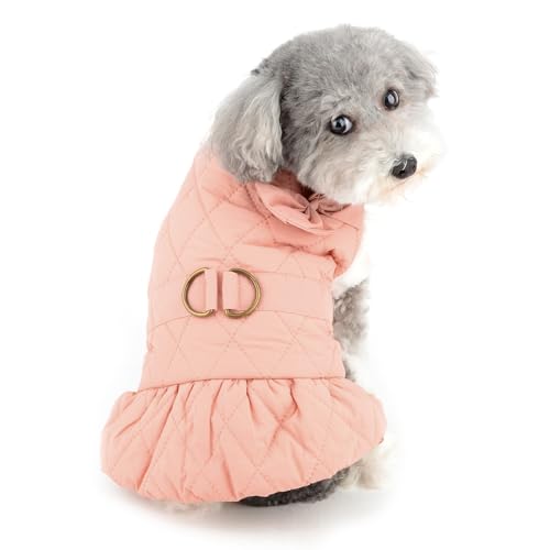 Ranphy Winter-Hundekleid für kleine Hunde, Mädchen, solider Welpenrock, Schleife, Hunde-Fleecemantel mit Ring für die Leine und flauschigem Halsband, kaltes Wetter, Haustierkleidung, Yorkie, von Ranphy