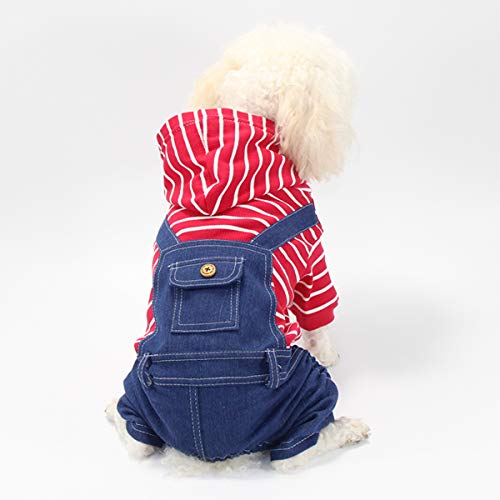 Ranvi Pet Denim Gestreifter Hund Jumpsuit Welpe Katze Hoodie Vierbeinige Kleidung Teddy Sweatshirt Jeans Overalls(Rot, L) von Ranvi