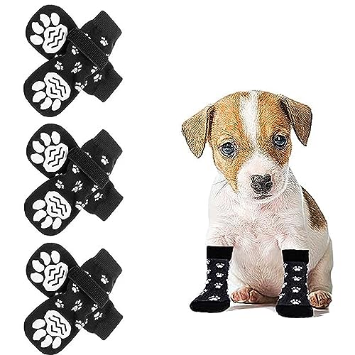 Rapidbok 3 Paar Hundesocken Anti Rutsch, Pfotenschutz Hund aus Baumwolle, Indoor Haustierpfoten Schutz für Hunde mit Klettverschluss, rutschfeste Hundesocken für Kleine Mittlere Hunde, Schwarz, M von Rapidbok
